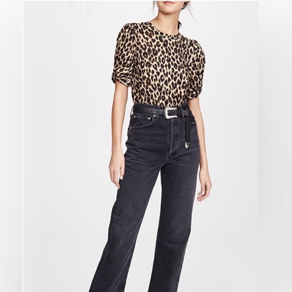 A.L.C Brown Tan Animal Leopard Print Twist Sleeve Short Sleeve Tee Shirt XS